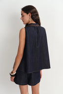 Ensemble assorti haut sans manches et shorts Zach en denim soie-coton