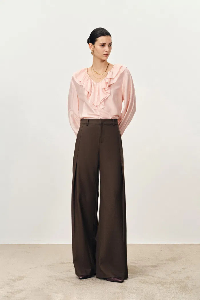 Emma Pleat Front Straight Leg Track Pants in Fine Wool Suiting