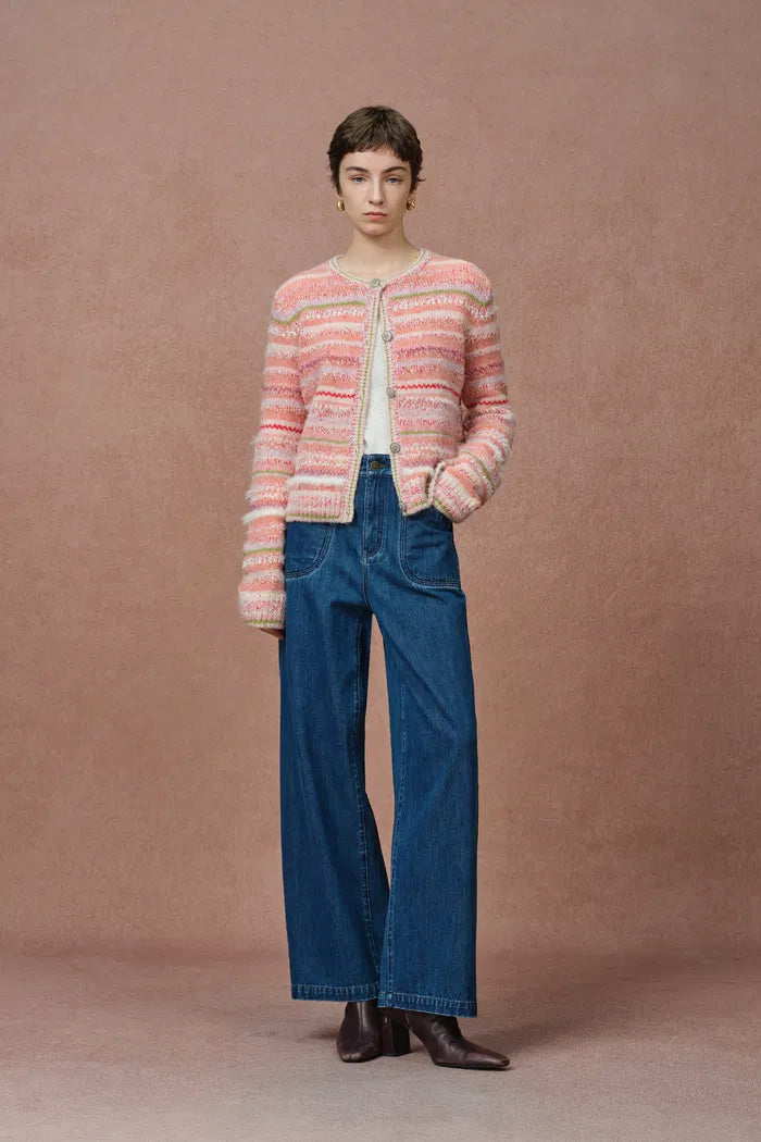 Belleville Fitted Stripe Sequin Tweed Cardigan in Brushed Multi-Yarn Wool Knit