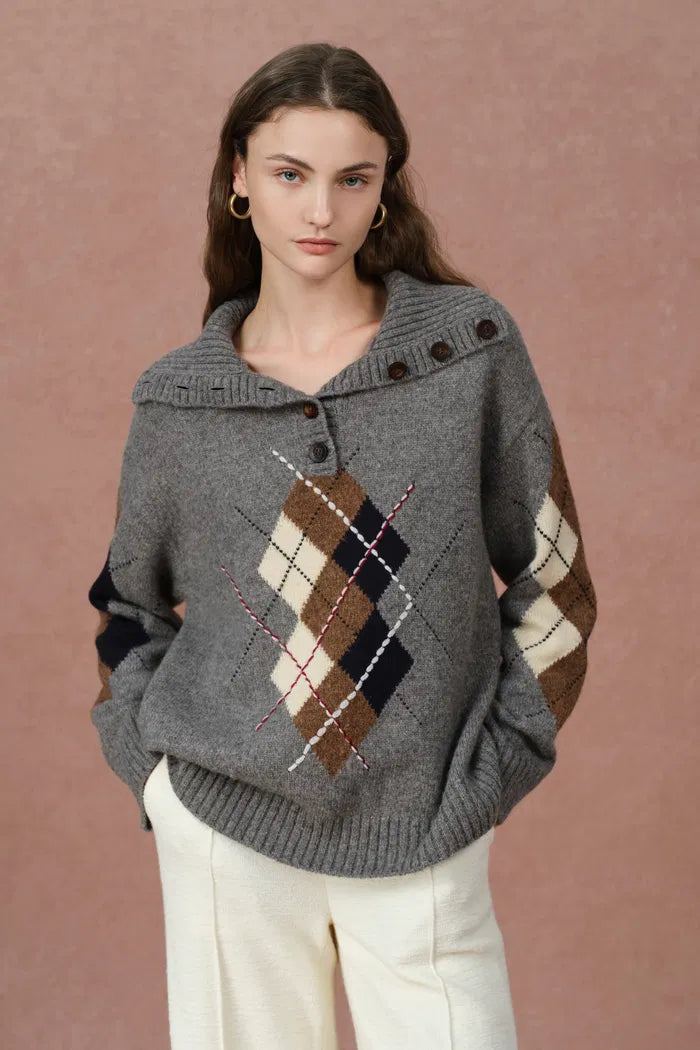 Halsey Argyle Sweater in Merino Wool Silk Blend