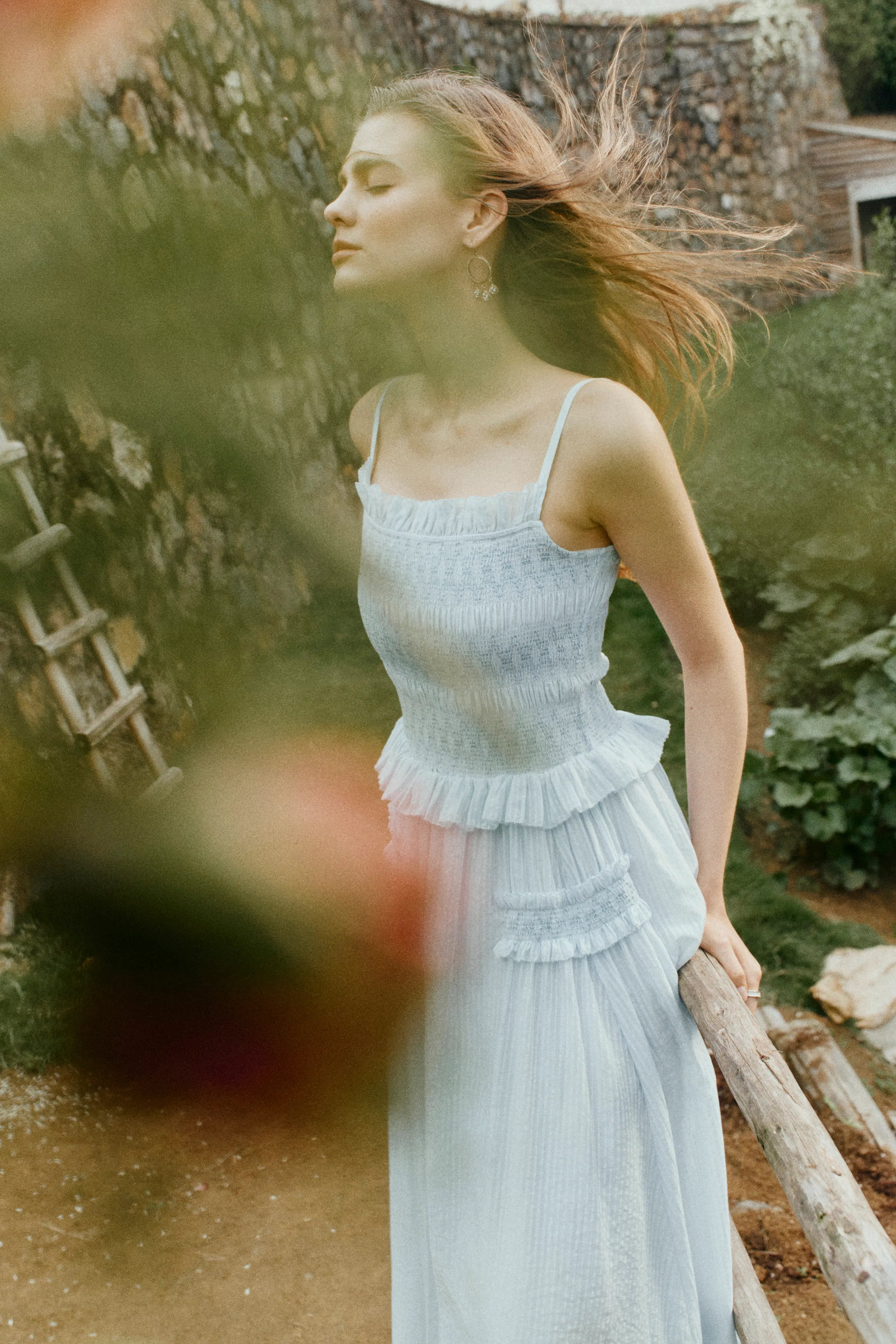 Cirra Smocked Ruffle Trim Striped Sleeveless Cami Dress in Sheer Fabric L