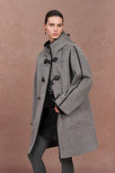Vivien Horn Button Hooded Coat in Herringbone Wool Camel Down