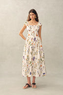 Eliana Handpainted Freesia Ruffle Trim Wide Strap Sleeveless Dress in Silk Cotton Blend
