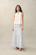 Rosalind Ruffle Neck Tie Front Sleeveless Top in Bubble Cotton