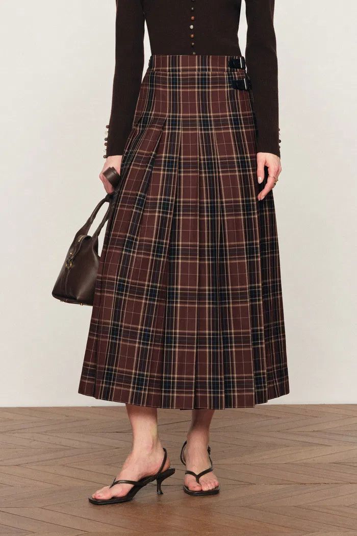Yehudit Plaid Pleated Wool Maxi Skirt in Wool Blend