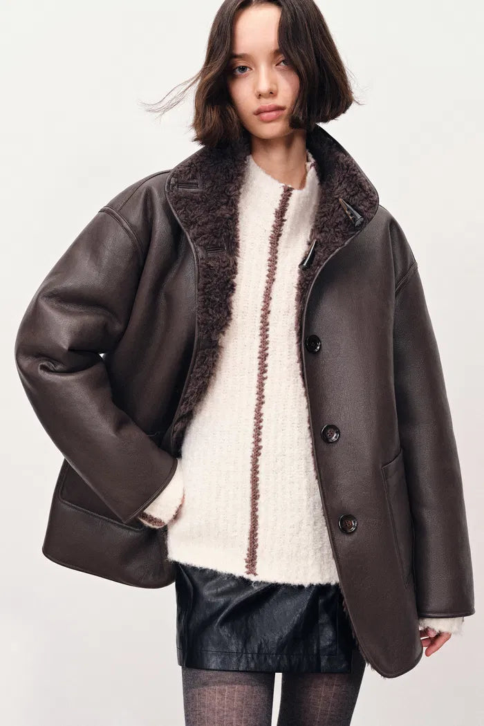 Lene Reversible Faux Fur and Leather Jacket in Merino Wool Teddy