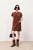 Nevaeh Hand Applied Contrast Leather Trim Short Dress in Ultrasuede