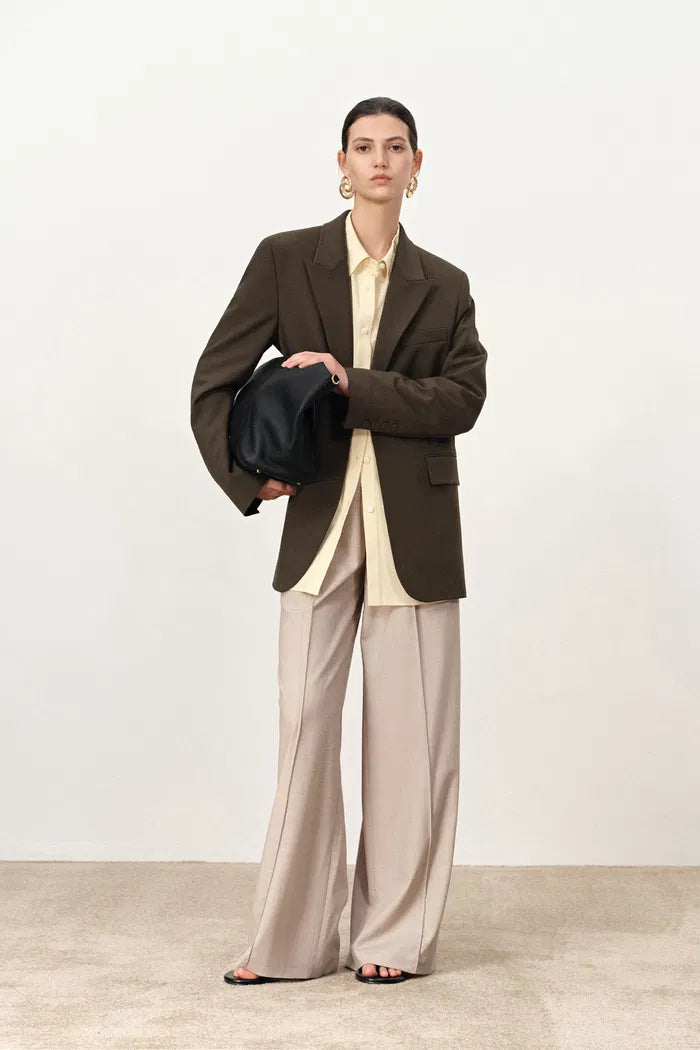 Nellie Leather Belted Blazer in Fine Wool Blend