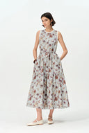 Sabrina Rüschendetail Handbemaltes Flora Print Kleid aus Seiden-Baumwolle