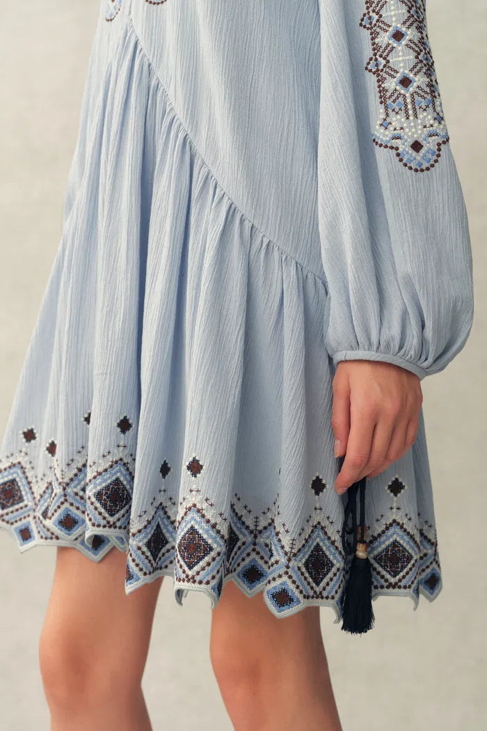 crinkle gauze embroidered mini dress Crinkle Gauze Embroidered Mini Dress