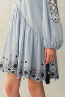 Bohdi Boho Embroidery Crewneck Puff Sleeve Dress in Cotton Crinkle Gauze