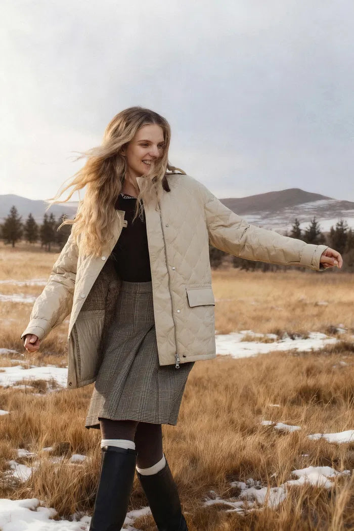 Isla Contrast Collar Quilted Down Jacket in Water-Resistant Cotton