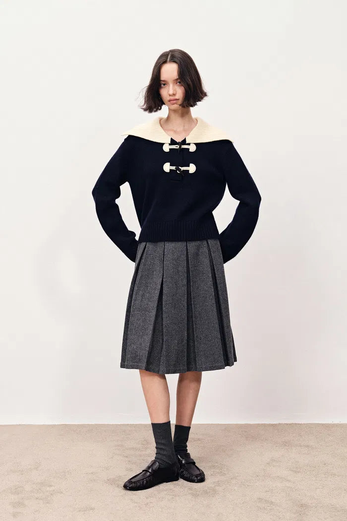 Lena Lapel Leather Duffle Sweater in Chunky Merino Wool