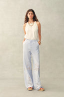 Holly Striped Embroidered Drawstring Wide Leg Pant in Crinkled Cotton
