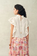 Lilou French Cutwork Embroidery Ruffle-Sleeve Top and Pants Matching Set in Cotton & Linen