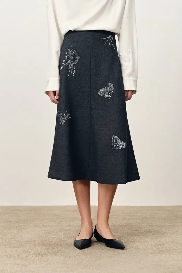 Hannah Beadwork Midi Skirt in Wool Blend Suiting