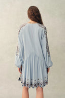 Bohdi Boho Embroidery Crewneck Puff Sleeve Dress in Cotton Crinkle Gauze