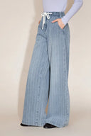Olive Elastic Waist Straight Jeans in Striped Cotton Denim