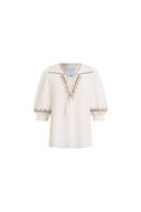 Camicia Becky con Ricamo a Punto Croce, Nodo Frontale e Maniche Corte in Misto Lino