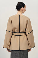 Manteau en laine double face avec garniture cuir Lycoris en mérinos cachemire