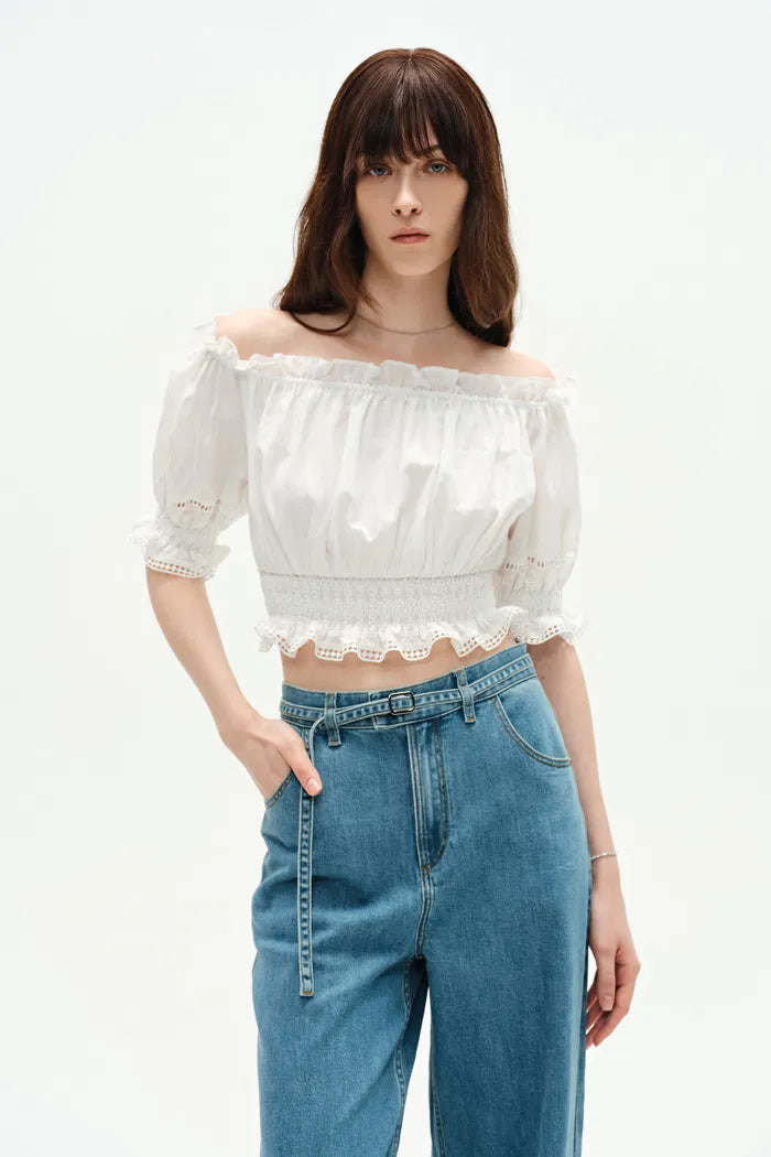 Oluka Off Shoulder Cropped Blouse in Silk-Cotton Blend