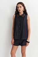 Zach Sleeveless Top and Shorts Matching Set in Silk-Cotton Denim