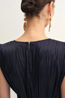 Celeste Sleeveless Navy Dress in Pleated Satin