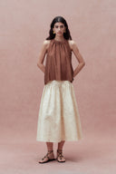 Rose Pleated Denim Skirt in Cottonseed Hull Denim