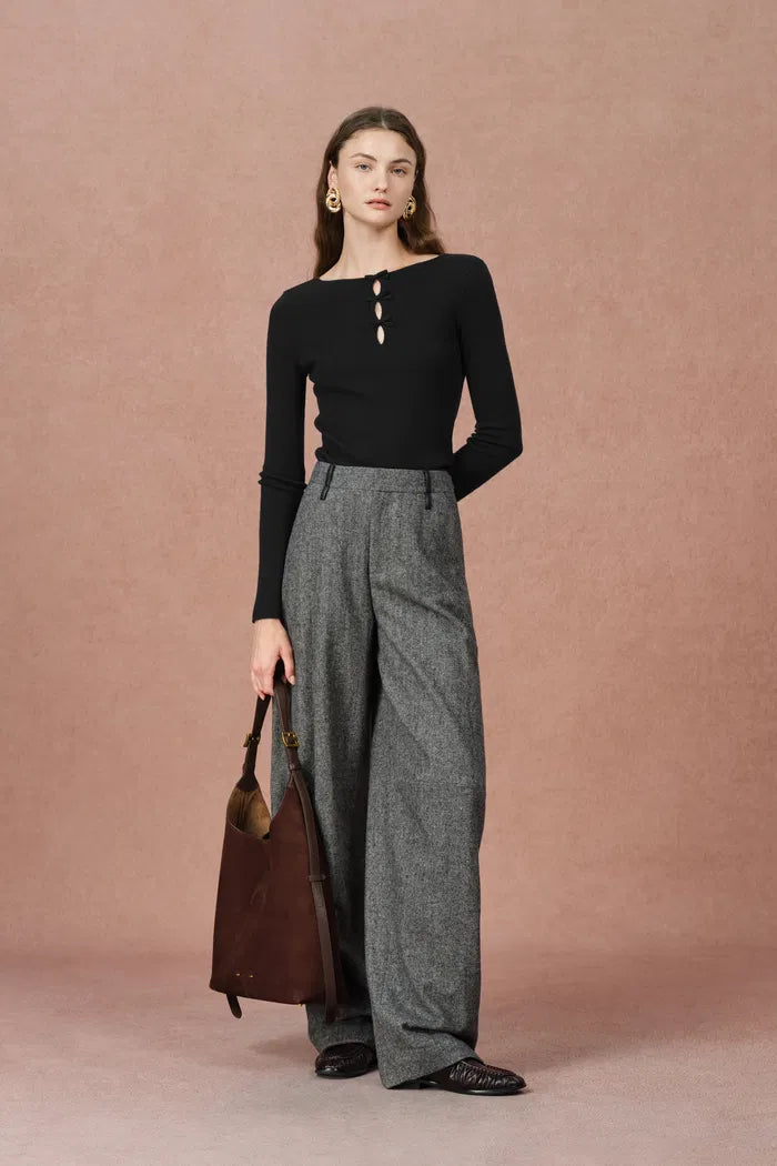 Eden Bow Tie Fitted Top in Merino Wool with Stretch Knit