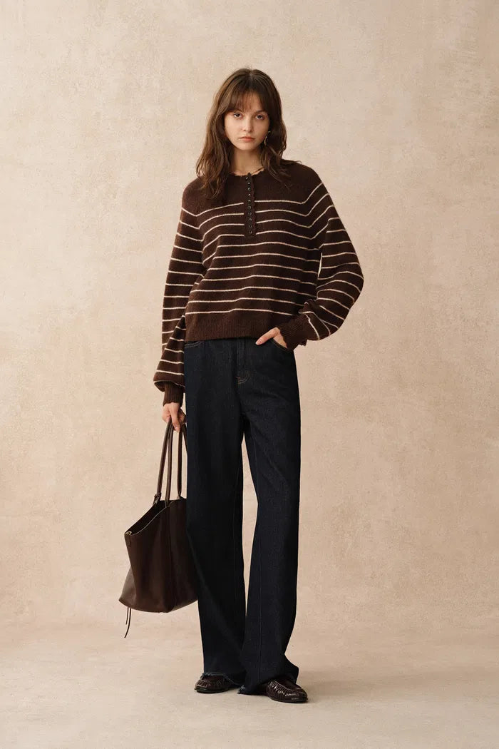 Rhea Scalloped Henley Striped Sweater in Wool-Alpaca Knit