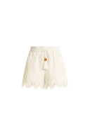 Alani Lace  Panel Beaded Fringe Drawstring Shorts in Tencel Linen