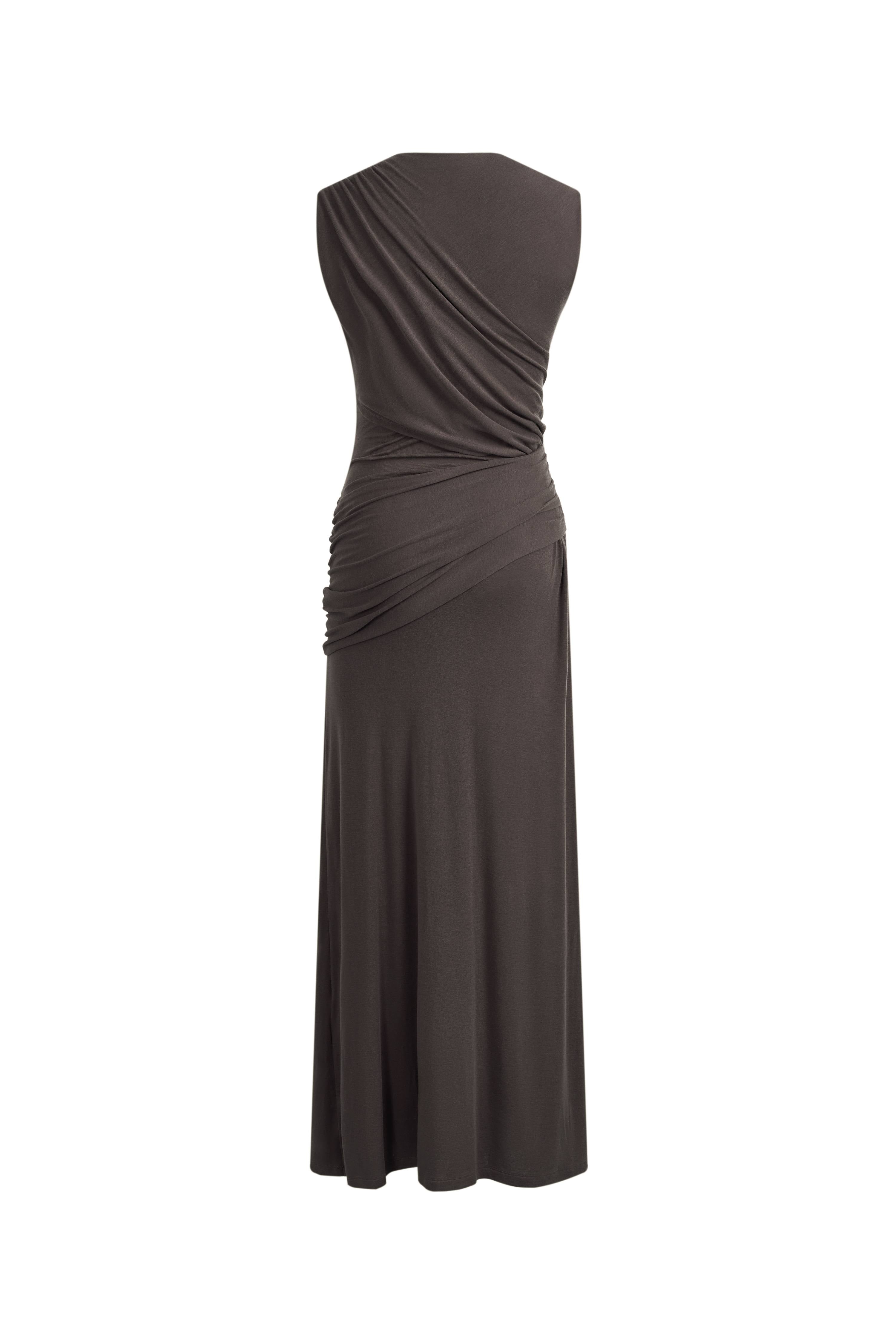 Delilah Gray Asymmetric Draped Sleeveless Dress in wool Blend Knit fbrq.com Delilah Gray Asymmetric Draped Sleeveless Dress in wool Blend Knit fbrq.com