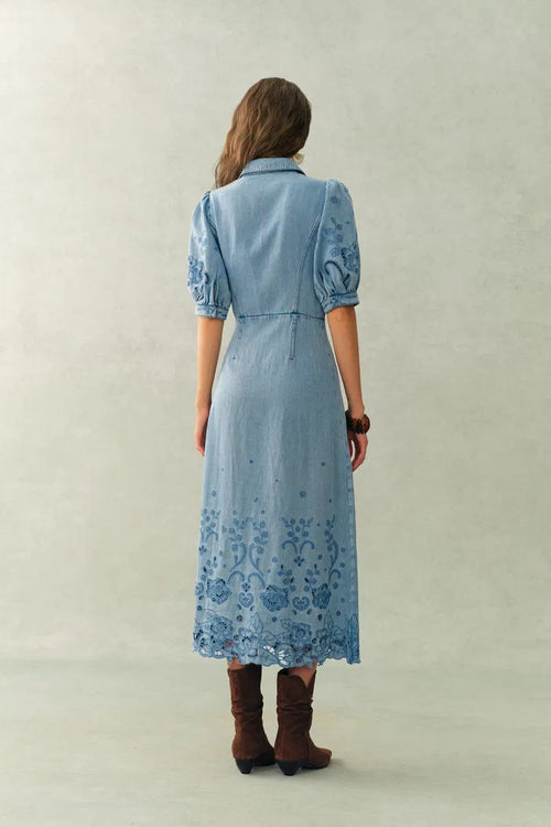 Vinetta Puff Sleeve Dress in Cotton Linen Denim