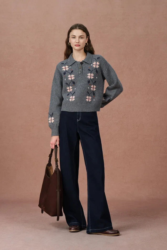 Fika Floral Knit Polo Shirt in Merino Wool Knit