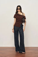 Hazel Asymmetric Ruched One Shoulder Side Slit Fitted Top in Triacetate Blend