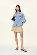 Charlotte Pleated Adjustable Waist Buckle A Line Skort in Lightweight Twill