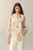 Adelaide Handpainted Floral Blouse in Silk Linen Organza
