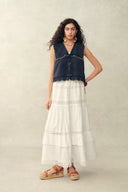 Falda Maxi Iris con Bordado, Encaje y Parche en Jacquard de Algodón