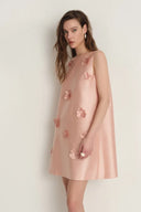Luminere Beaded Floral Applique Sleeveless Short Dress in Silk-Wool Satin