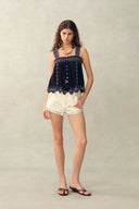 Blaze Boho Embroidery Fringe Tie Front Sleeveless Top in Crinkled Georgette