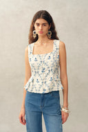 Elara Pleated Floral Square Neck Pearl Button Sleeveless Top in Linen Blend