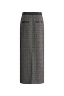 Lola Leather Accent Straight Midi Skirt in Merino-Silk Welsh Check