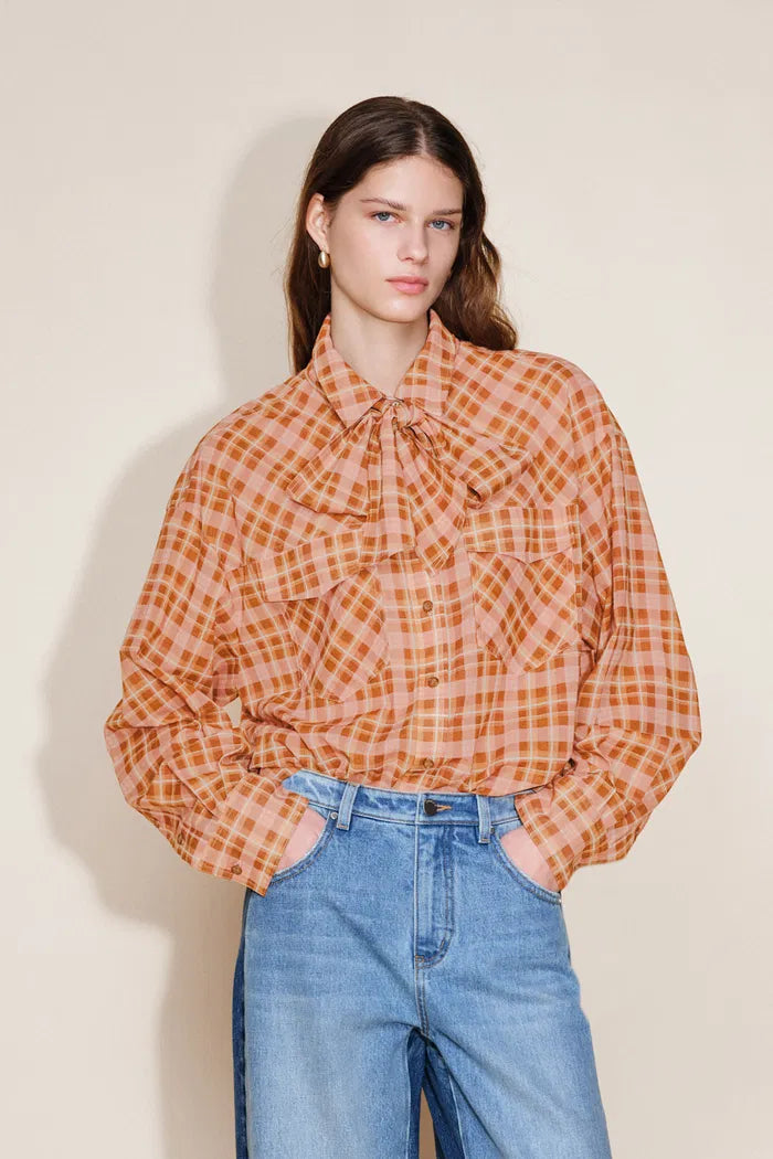 Tartan Detachable Bow Tie Lightweight Shirt in Sheer Cotton