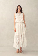 Nellie Cutwork Embroidered Scarf Tie Layered Sleeveless Dress in 100% Cotton with Lace