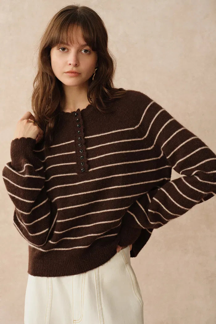 Rhea Scalloped Henley Striped Sweater in Wool-Alpaca Knit
