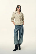 Beatrice Contrast-Trim Short Trench Coat in High-Density Cotton Twill