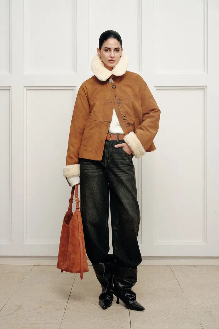 Flora Contrast Lapel Cotton Coat in Matte Faux Leather