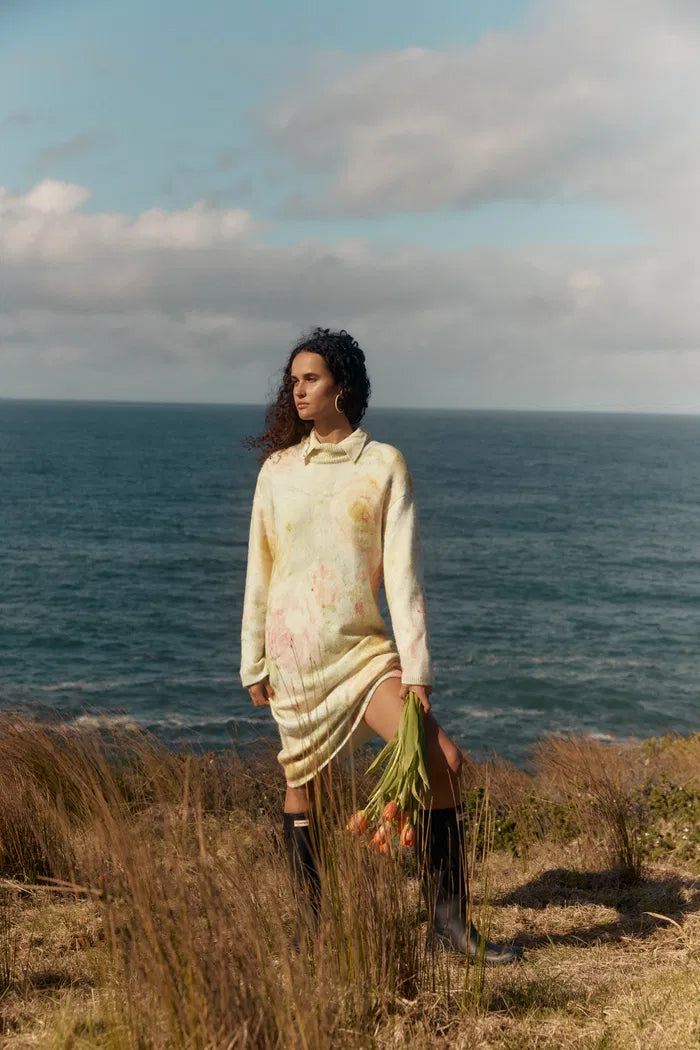 Floral Hand Painted Flora Long Sleeve Dress in Merino Alpaca Blend Knit