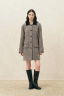 Lucile Contrast Lapel Herringbone Midi Coat in Wool Blend