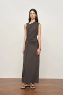 Delilah Gray Asymmetric Draped Sleeveless Dress in wool Blend Knit